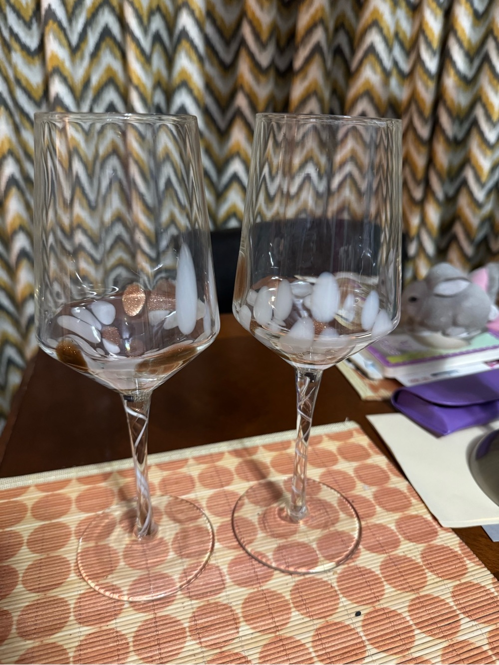 Hand-Blown Clear Wine Glasses with White and Gold Detail - Set of 2